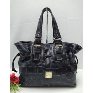 Dooney & Bourke Chiara Black Leather Crocodile Embossed Drawstring Tote Bag